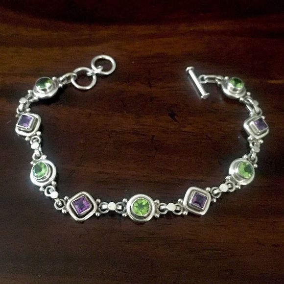 Vintage Amethyst Peridot Sterling Silver Link Bracelet - Picture 1 of 9